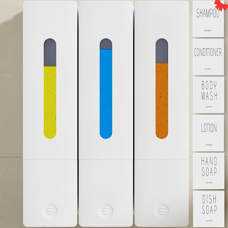 VITVITI Shampoo and Conditioner Dispenser for Shower, Refillable Shower Soap Dispensers 3 Chamber Wall Mounted, 10.2 OZ No Drill Plastic Shower/Body Wash Bottles for Bathroom (White) - Image 1